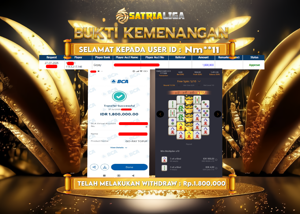 BUKTI KEMENANGAN MEMBER SATRIALIGA Rp. 1.800.000