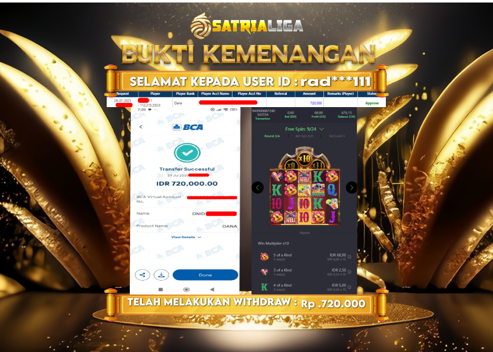 BUKTI KEMENANGAN MEMBER SATRIALIGA Rp. 720.000