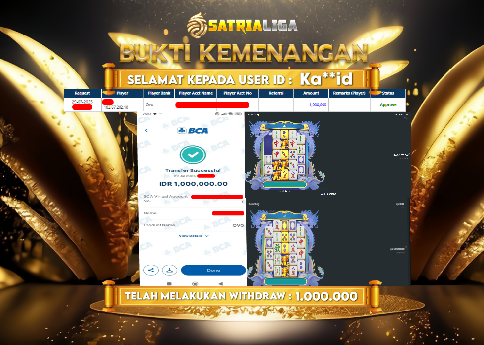 BUKTI KEMENANGAN MEMBER SATRIALIGA Rp. 1.000.000