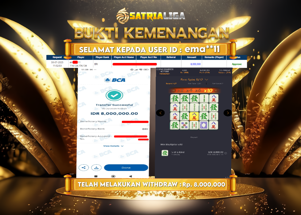 BUKTI KEMENANGAN MEMBER SATRIALIGA Rp. 8.000.000