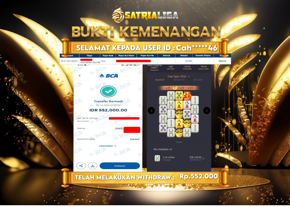 BUKTI KEMENANGAN MEMBER SATRIALIGA Rp. 552.000
