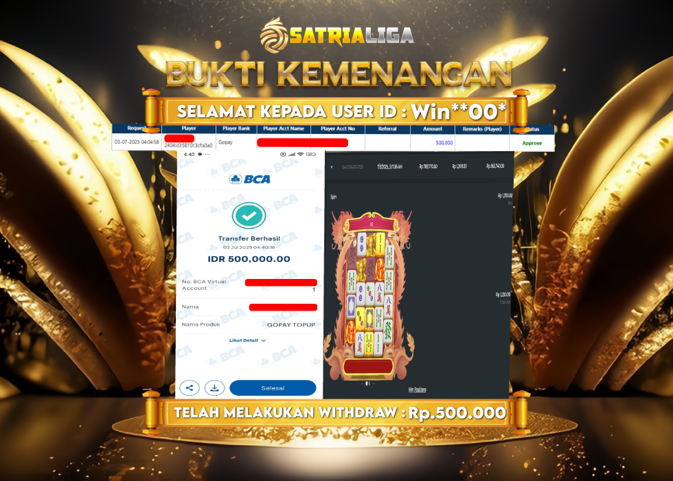 BUKTI KEMENANGAN MEMBER SATRIALIGA Rp. 500.000
