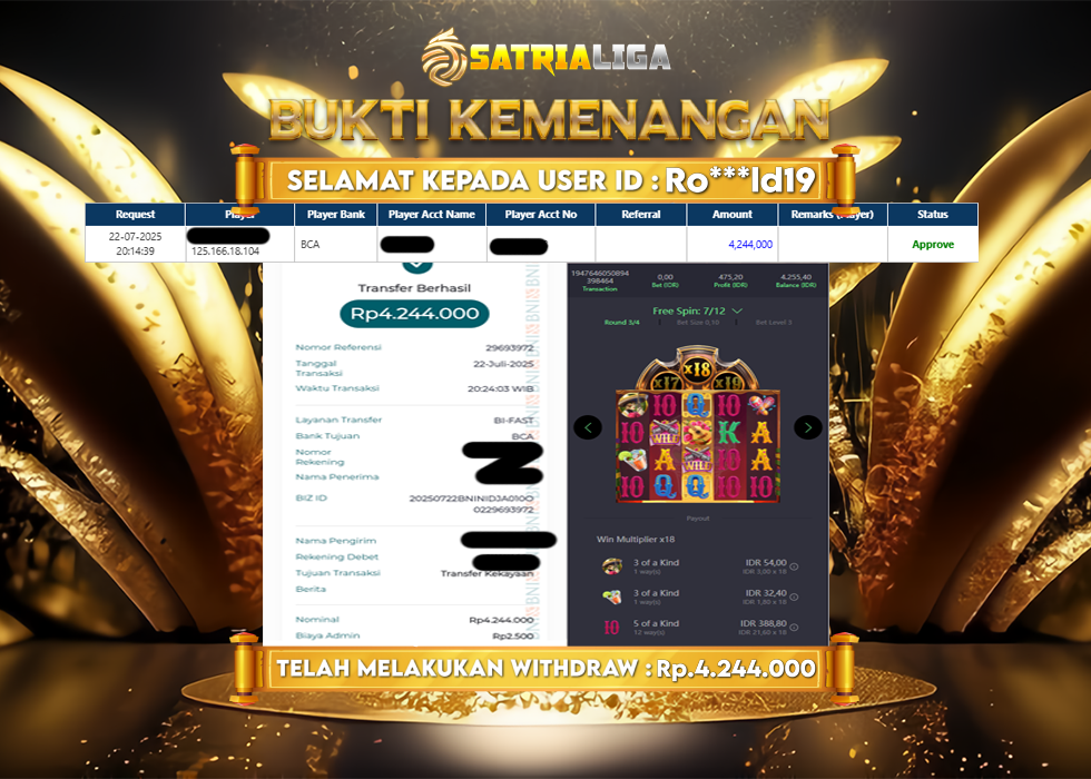 BUKTI KEMENANGAN MEMBER SATRIALIGA Rp. 4.244.000