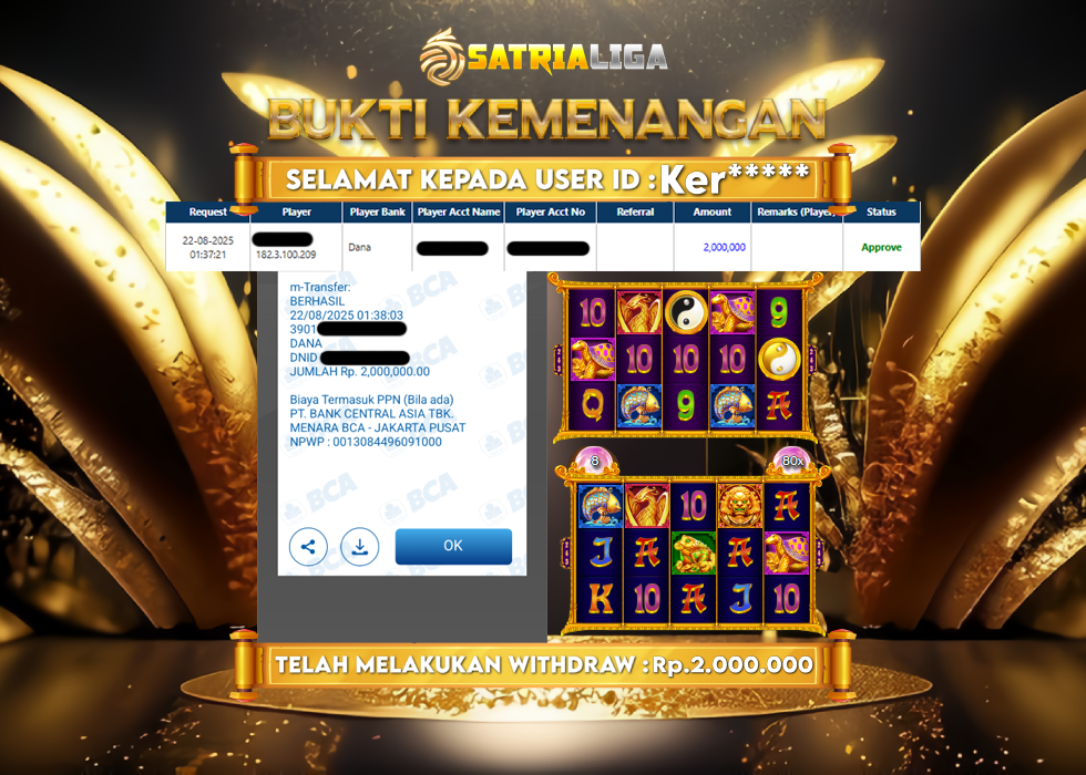 BUKTI KEMENANGAN MEMBER SATRIALIGA Rp.2.000.000