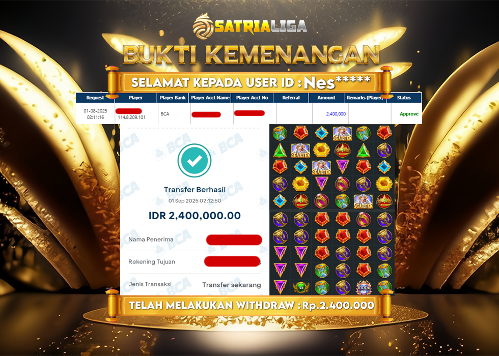 BUKTI KEMENANGAN MEMBER SATRIALIGA Rp 2.400.000