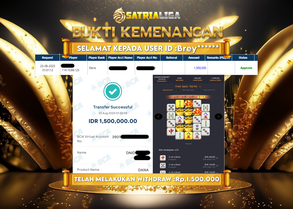 BUKTI KEMENANGAN MEMBER SATRIALIGA Rp.1.500.000