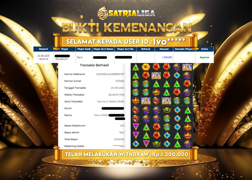 BUKTI KEMENANGAN MEMBER SATRIALIGA Rp.1.200.000