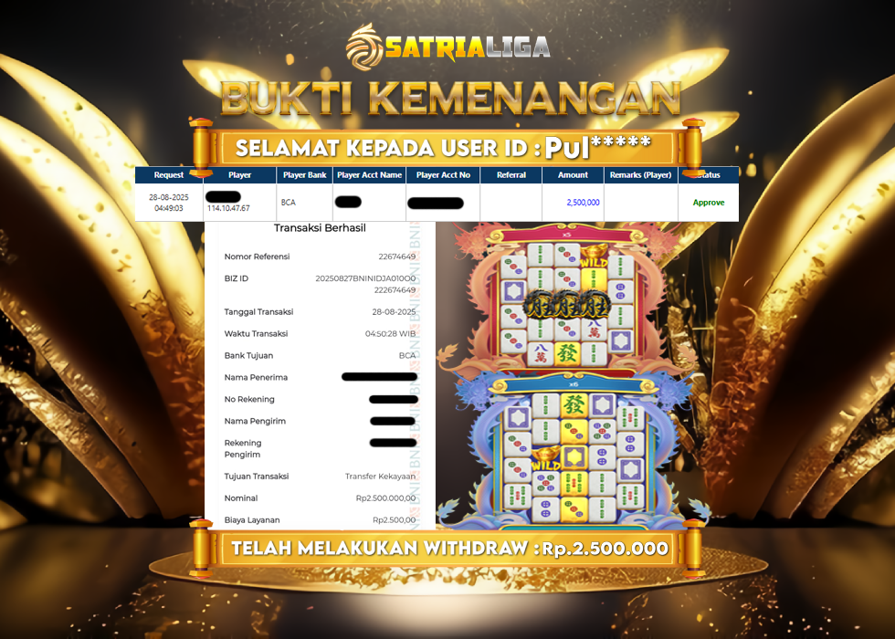 BUKTI KEMENANGAN MEMBER SATRIALIGA Rp.2.500.000