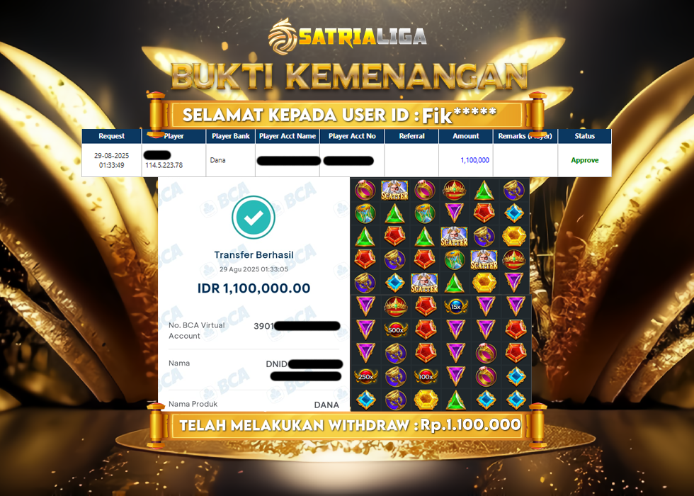 BUKTI KEMENANGAN MEMBER SATRIALIGA Rp.1.100.000
