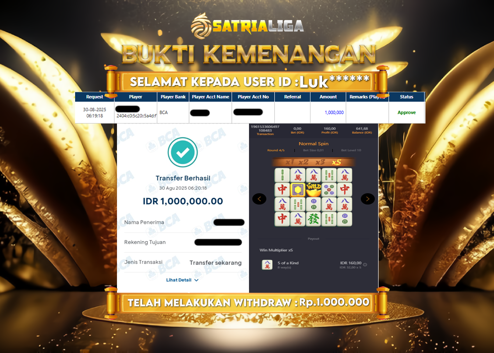 BUKTI KEMENANGAN MEMBER SATRIALIGA Rp.1.000.000
