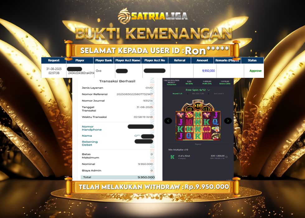 BUKTI KEMENANGAN MEMBER SATRIALIGA Rp.9.950.000