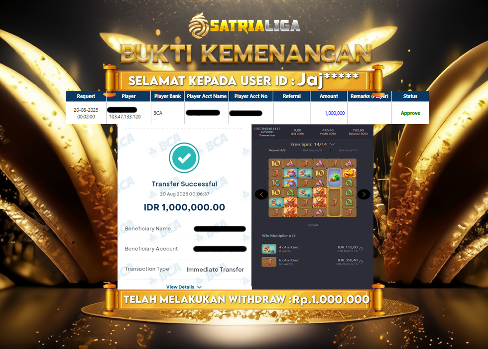 BUKTI KEMENANGAN MEMBER SATRIALIGA Rp.1.000.000