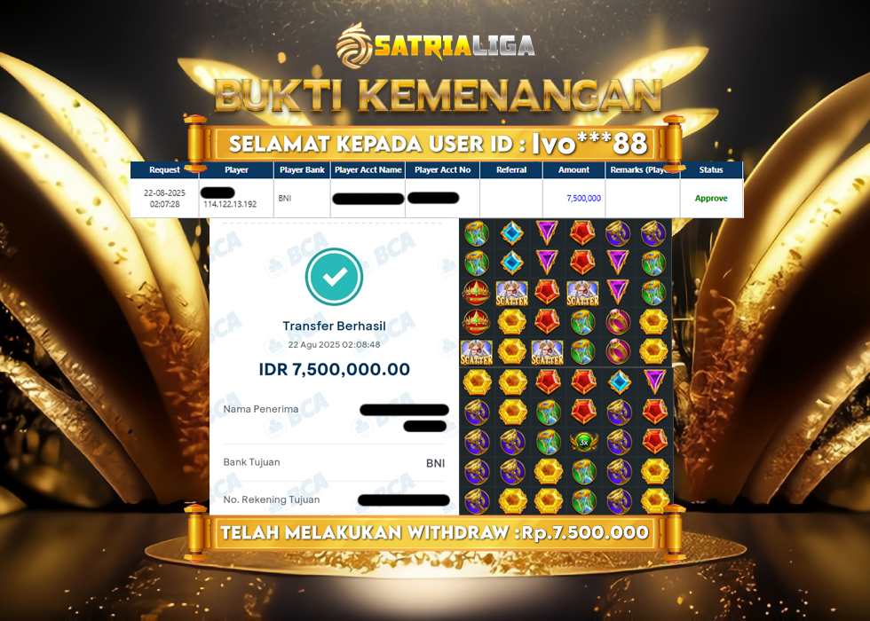 BUKTI KEMENANGAN MEMBER SATRIALIGA Rp.7.500.000