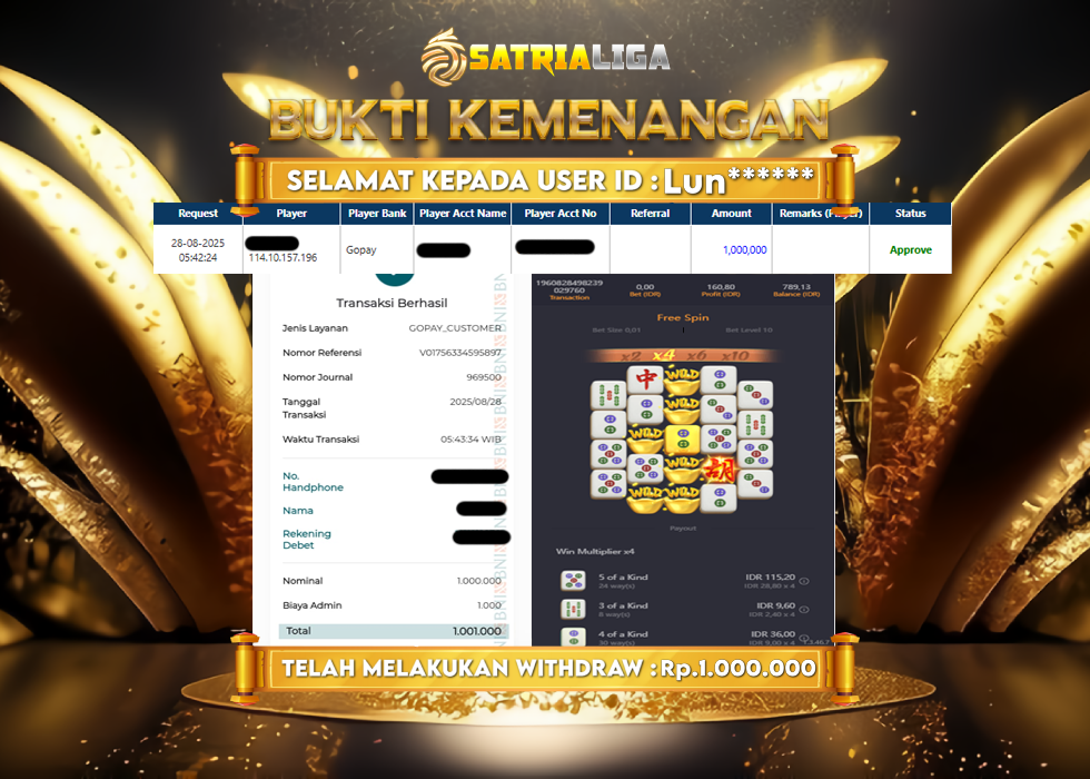 BUKTI KEMENANGAN MEMBER SATRIALIGA Rp.1.000.000