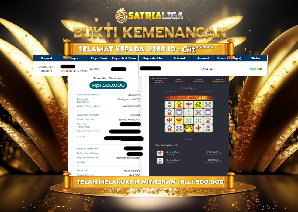 BUKTI KEMENANGAN MEMBER SATRIALIGA Rp.1.500.000