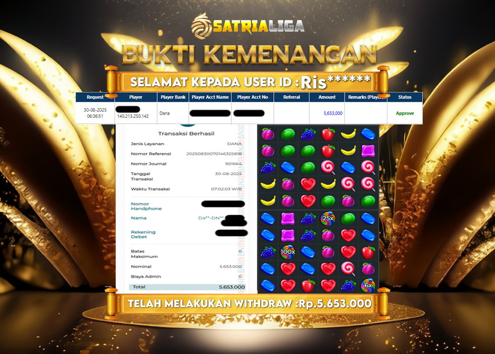 BUKTI KEMENANGAN MEMBER SATRIALIGA Rp.5.653.000