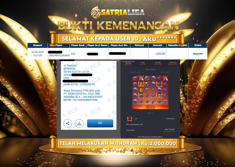 BUKTI KEMENANGAN MEMBER SATRIALIGA Rp.2.000.000