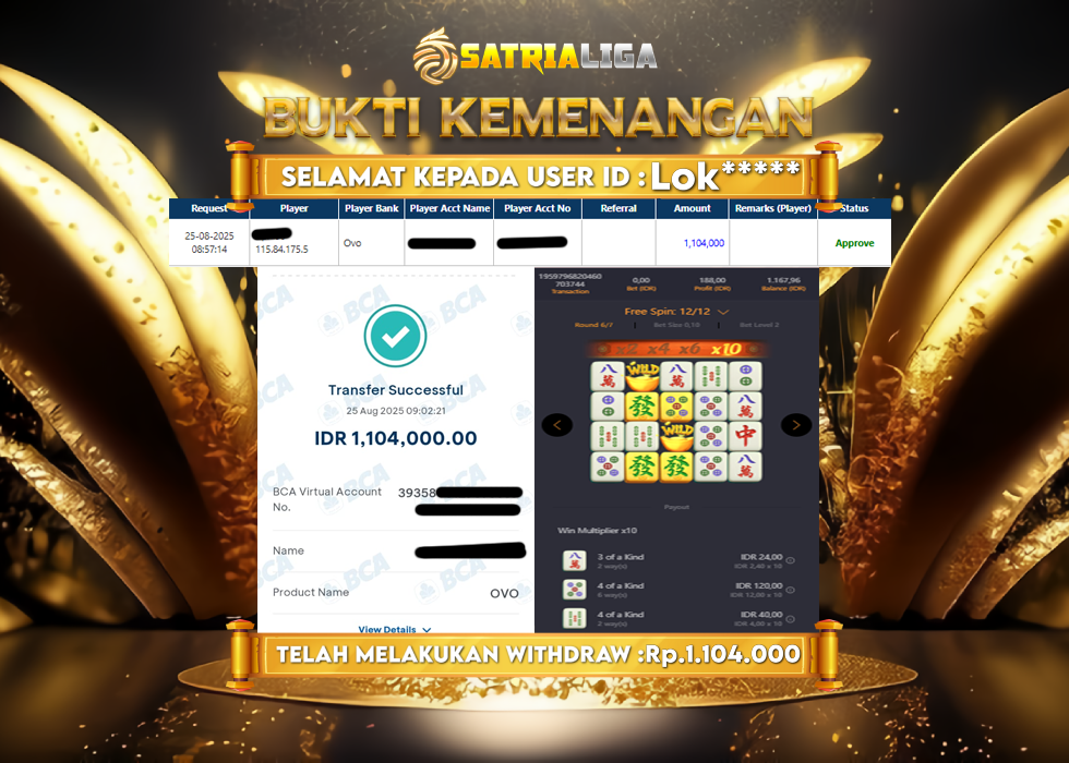 BUKTI KEMENANGAN MEMBER SATRIALIGA Rp.1.104.000