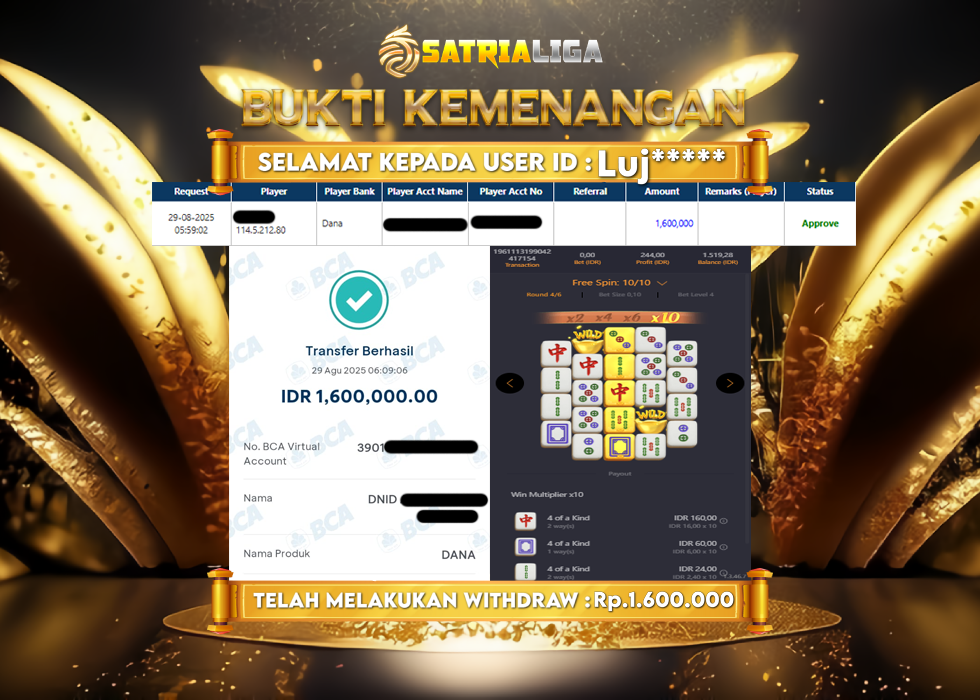 BUKTI KEMENANGAN MEMBER SATRIALIGA Rp.1.600.000