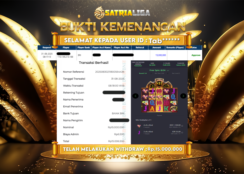 BUKTI KEMENANGAN MEMBER SATRIALIGA Rp.15.000.000