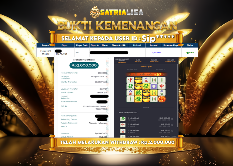 BUKTI KEMENANGAN MEMBER SATRIALIGA Rp.2.000.000