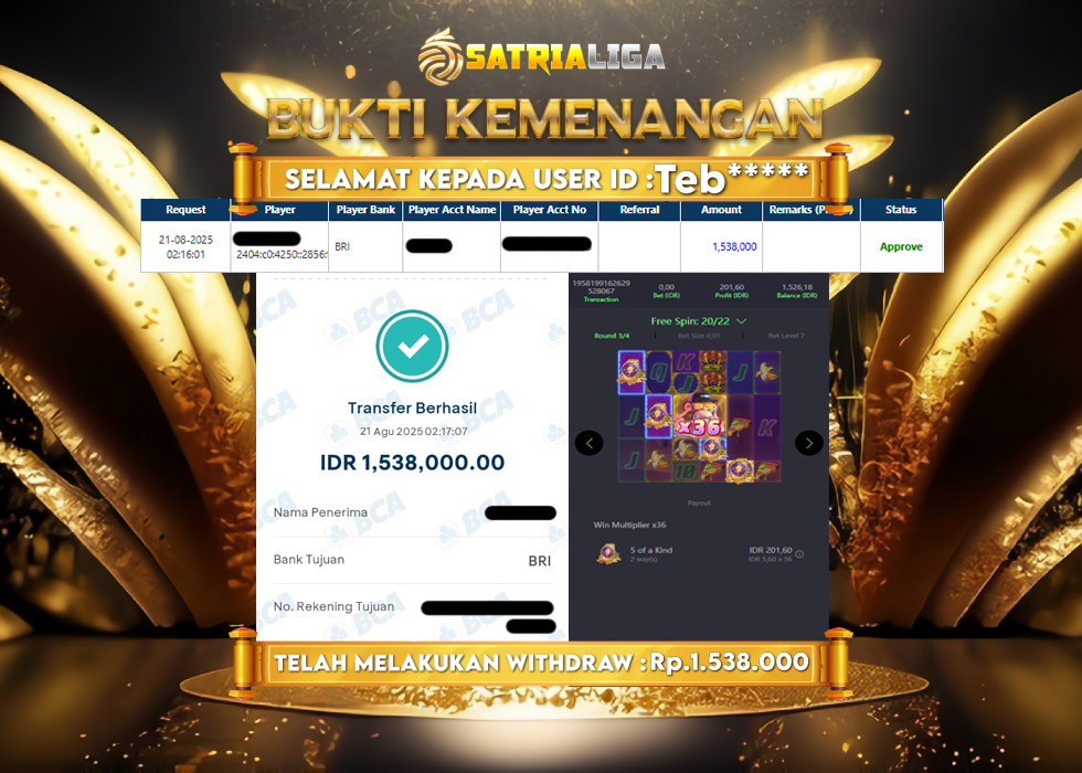 BUKTI KEMENANGAN MEMBER SATRIALIGA Rp.1.538.000
