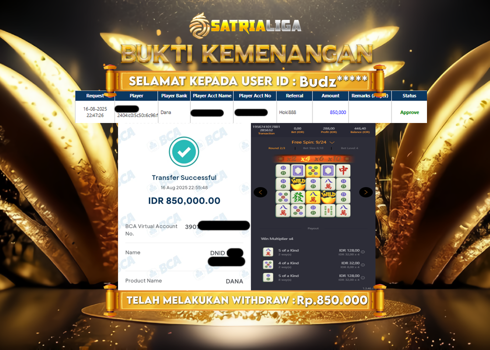 BUKTI KEMENANGAN MEMBER SATRIALIGA Rp.850.000