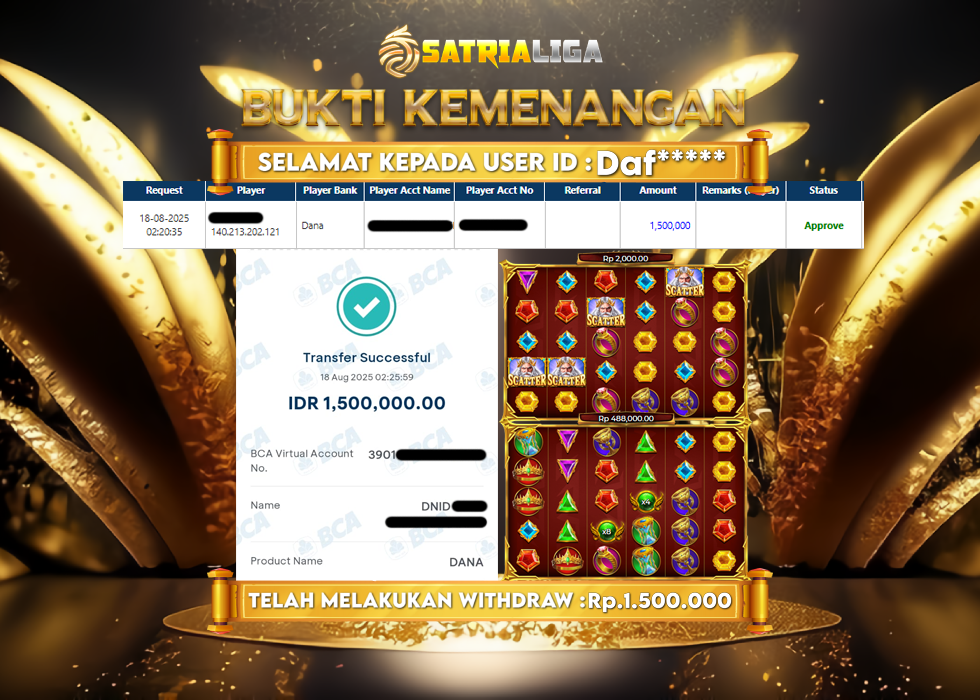 BUKTI KEMENANGAN MEMBER SATRIALIGA Rp.1.500.000