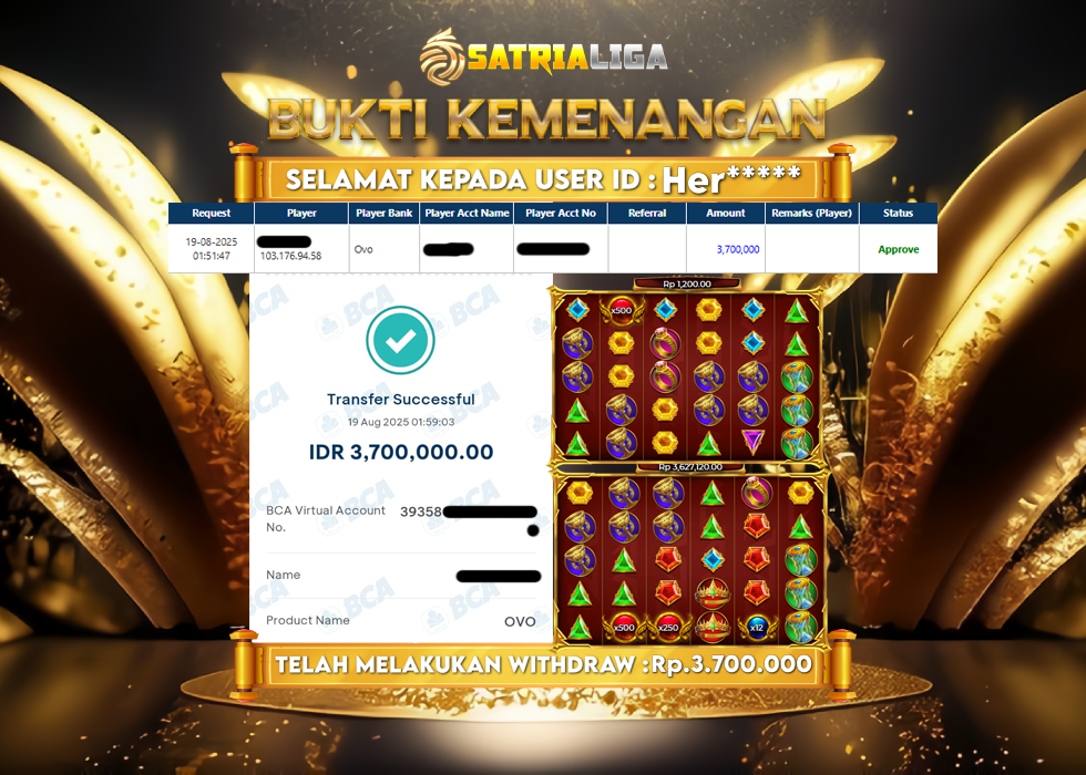 BUKTI KEMENANGAN MEMBER SATRIALIGA Rp.3.700.000