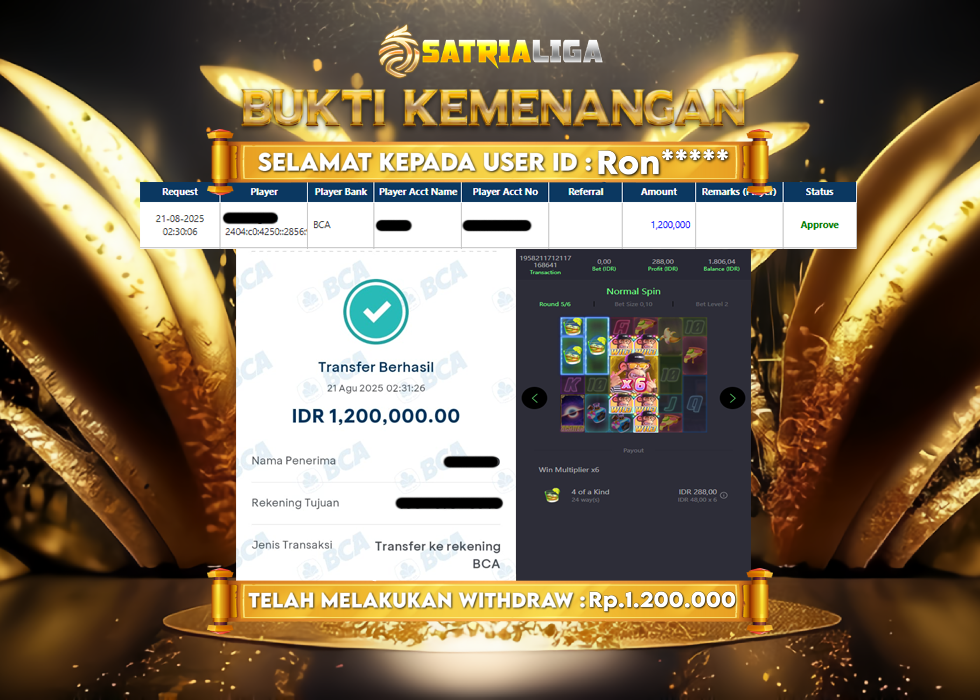 BUKTI KEMENANGAN MEMBER SATRIALIGA Rp.1.200.000