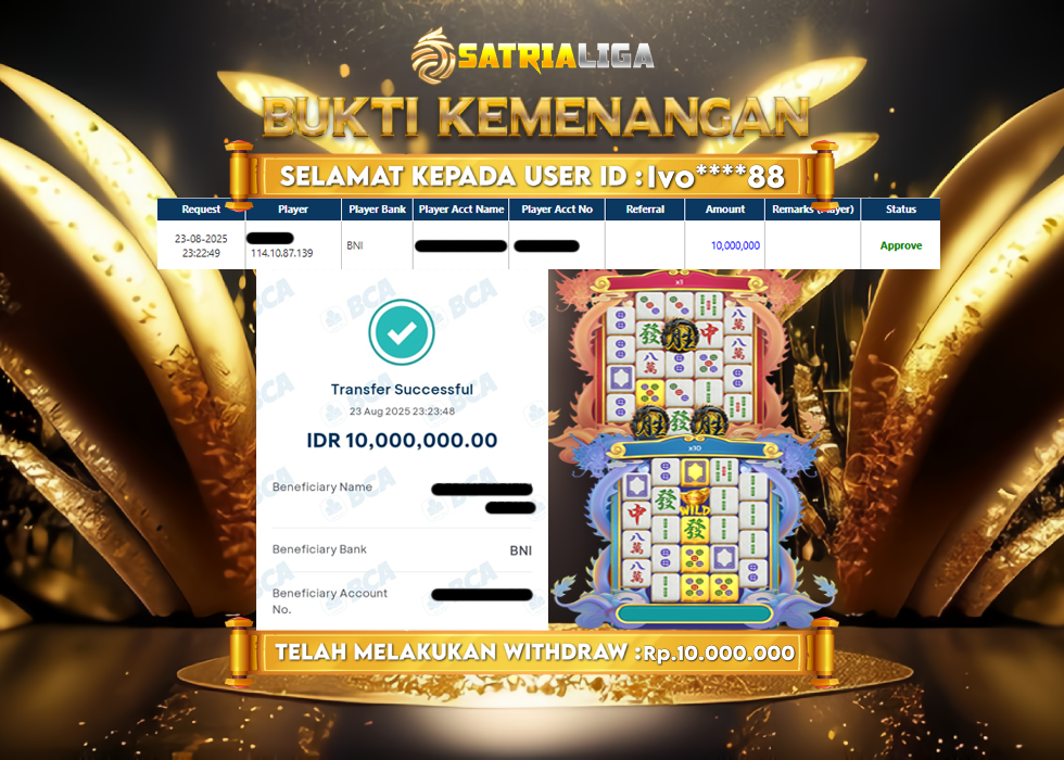 BUKTI KEMENANGAN MEMBER SATRIALIGA Rp.10.000.000