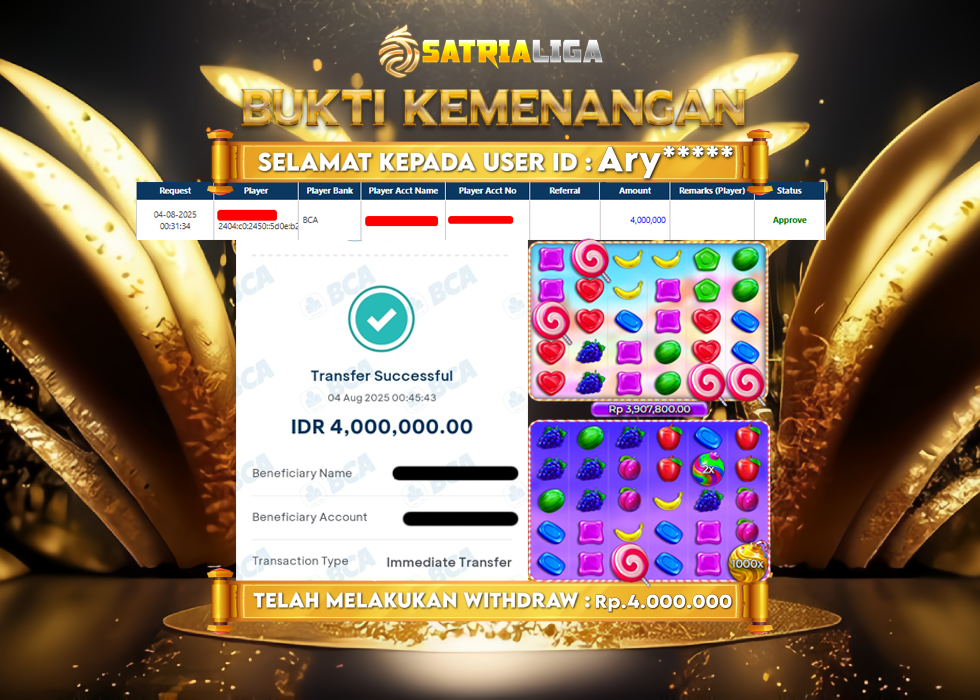BUKTI KEMENANGAN MEMBER SATRIALIGA Rp. 4.000.000