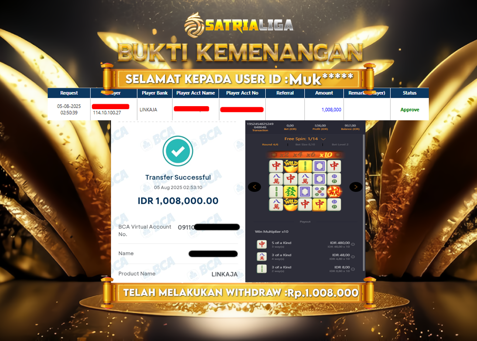 BUKTI KEMENANGAN MEMBER SATRIALIGA Rp. 1.008.000