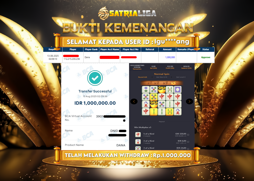 BUKTI KEMENANGAN MEMBER SATRIALIGA Rp. 1.000.000