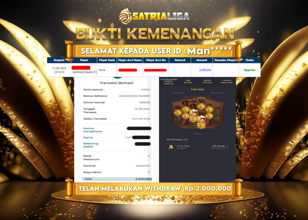 BUKTI KEMENANGAN MEMBER SATRIALIGA Rp.2.000.000