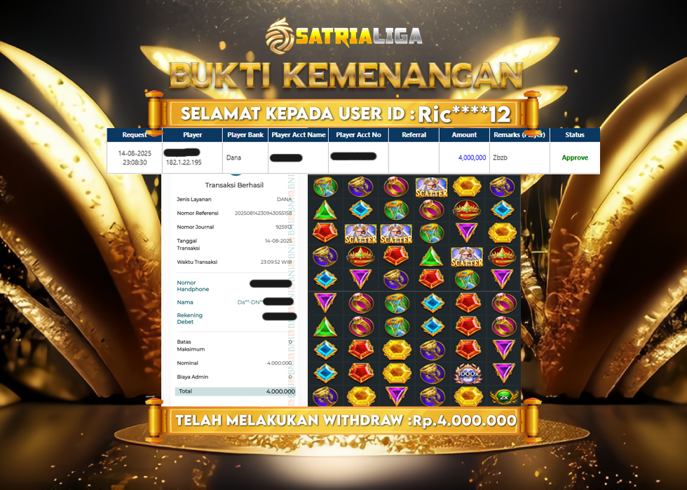 BUKTI KEMENANGAN MEMBER SATRIALIGA Rp.4.000.000