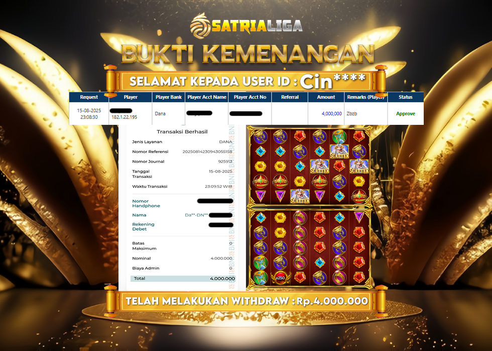 BUKTI KEMENANGAN MEMBER SATRIALIGA Rp.4.000.000