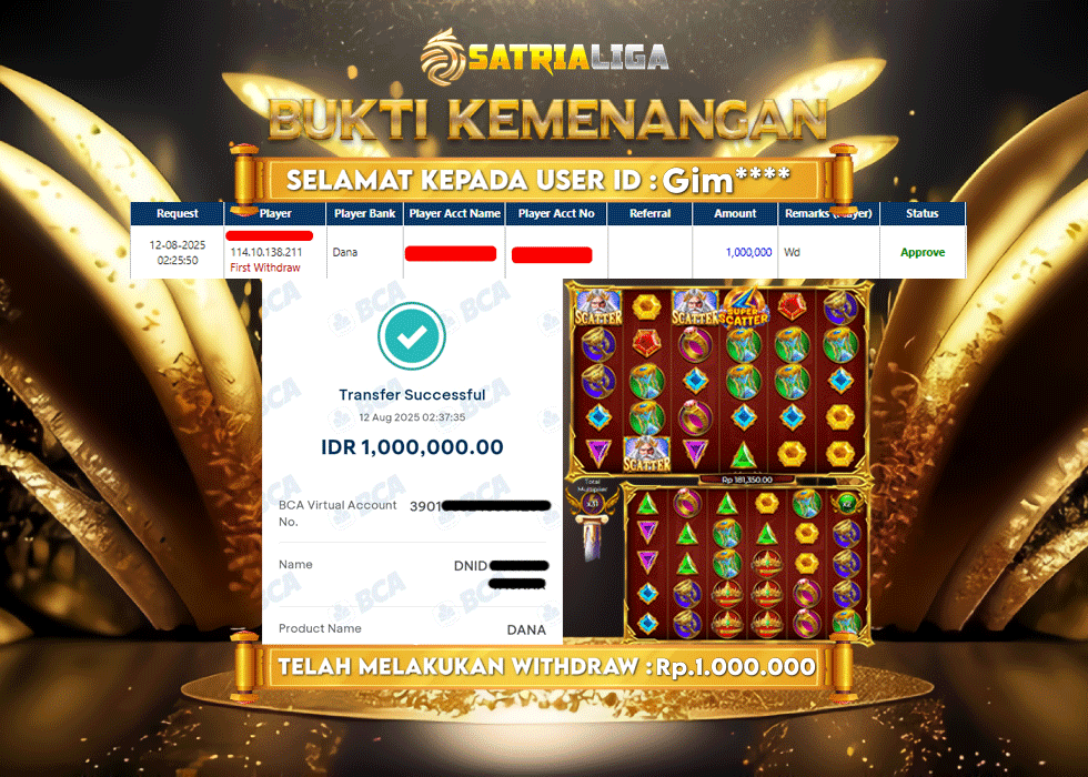 BUKTI KEMENANGAN MEMBER SATRIALIGA Rp. 1.000.000
