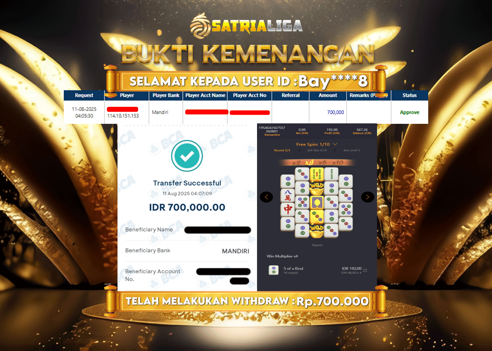 BUKTI KEMENANGAN MEMBER SATRIALIGA Rp.700.000