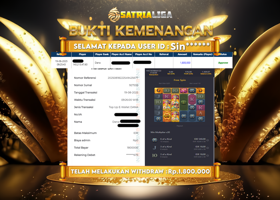 BUKTI KEMENANGAN MEMBER SATRIALIGA Rp.1.800.000