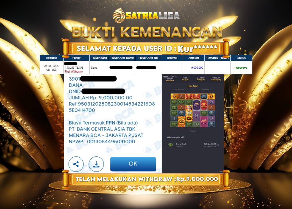 BUKTI KEMENANGAN MEMBER SATRIALIGA Rp.9.000.000