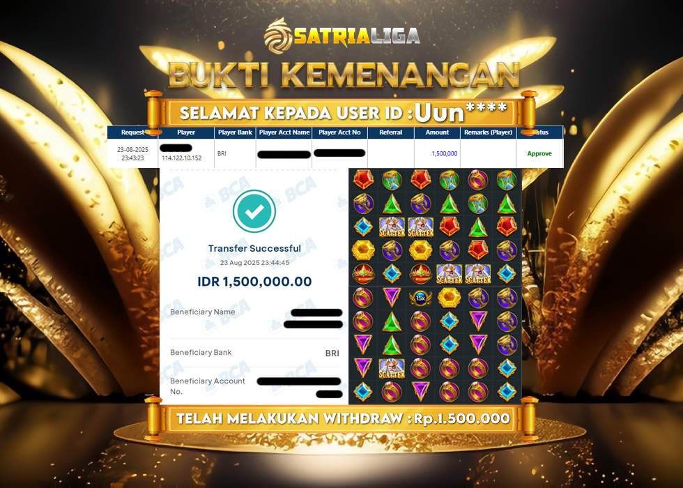 BUKTI KEMENANGAN MEMBER SATRIALIGA Rp.1.500.000