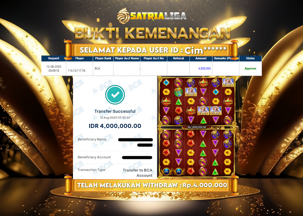 BUKTI KEMENANGAN MEMBER SATRIALIGA Rp. 4.000.000