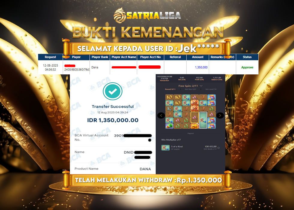 BUKTI KEMENANGAN MEMBER SATRIALIGA Rp. 1.350.000