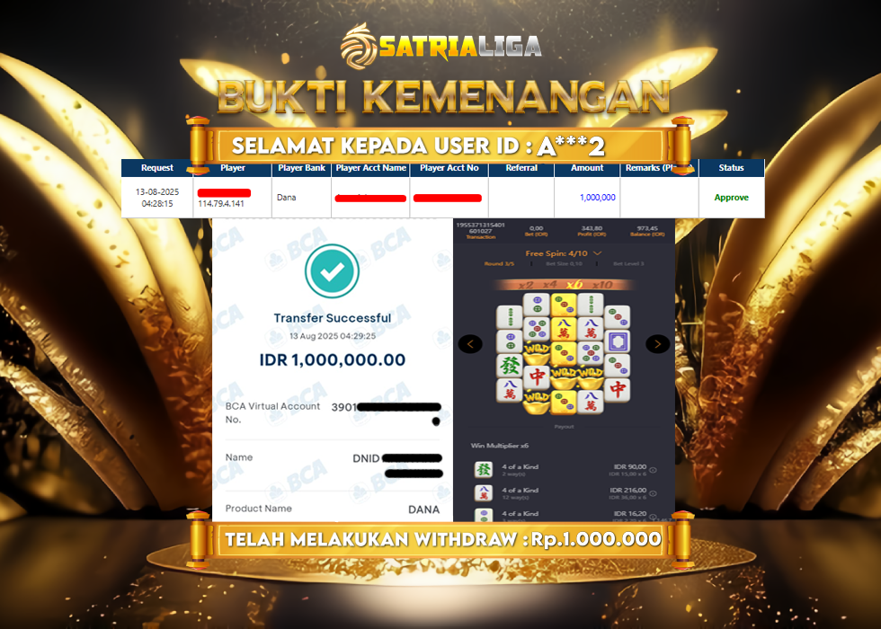 BUKTI KEMENANGAN MEMBER SATRIALIGA Rp. 1.000.000
