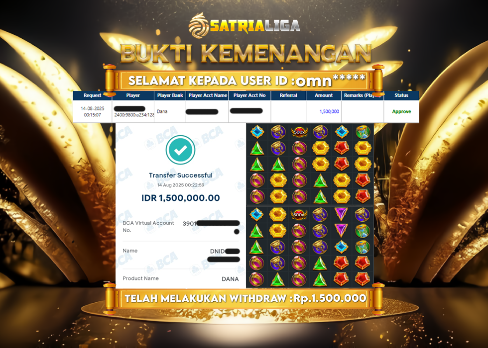 BUKTI KEMENANGAN MEMBER SATRIALIGA Rp.1.500.000