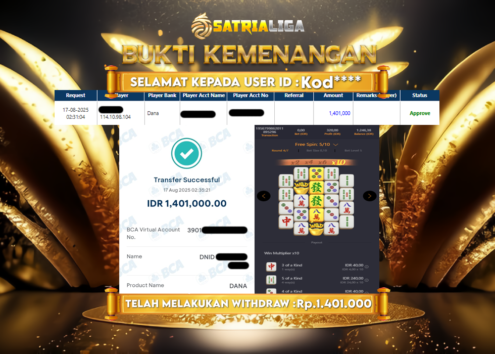 BUKTI KEMENANGAN MEMBER SATRIALIGA Rp.1.401.000