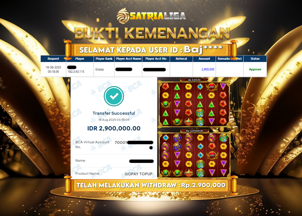 BUKTI KEMENANGAN MEMBER SATRIALIGA Rp.2.900.000