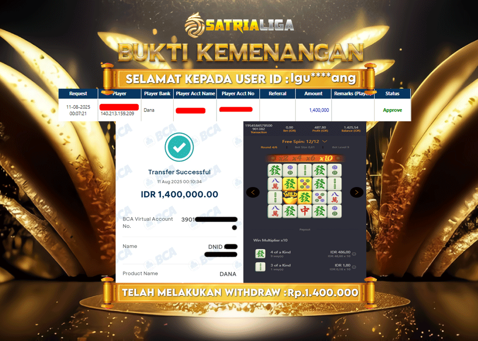 BUKTI KEMENANGAN MEMBER SATRIALIGA Rp.1.400.000