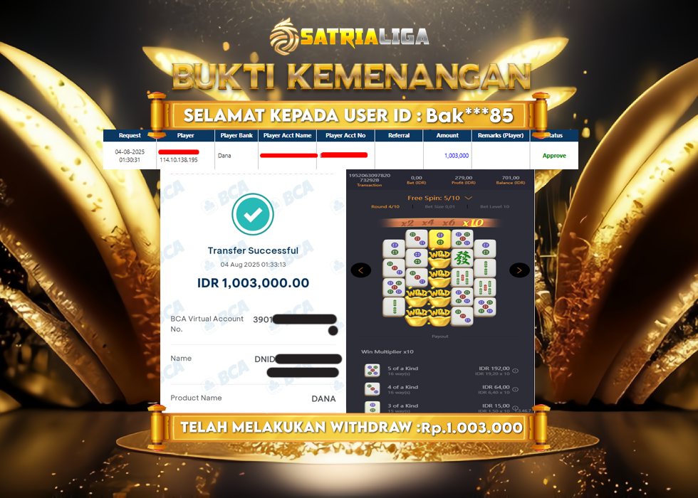 BUKTI KEMENANGAN MEMBER SATRIALIGA Rp. 1.003.000